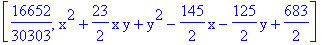 [16652/30303, x^2+23/2*x*y+y^2-145/2*x-125/2*y+683/2]